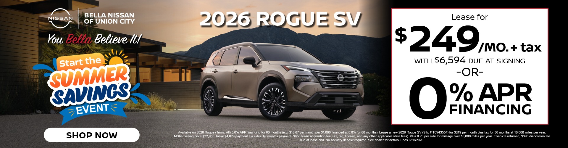 2026 Nissan Rogue SV lease for $249 dollars monthly or zero percent financing at Bella Nissan of Union City Memorial Day